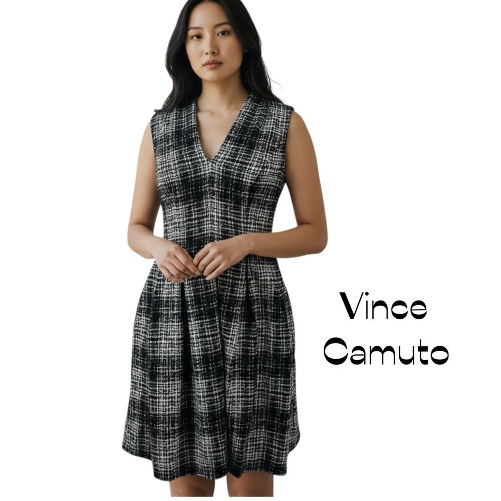 Vince Camuto Black White Plaid Fit & Flare Dress Size 8 Academia